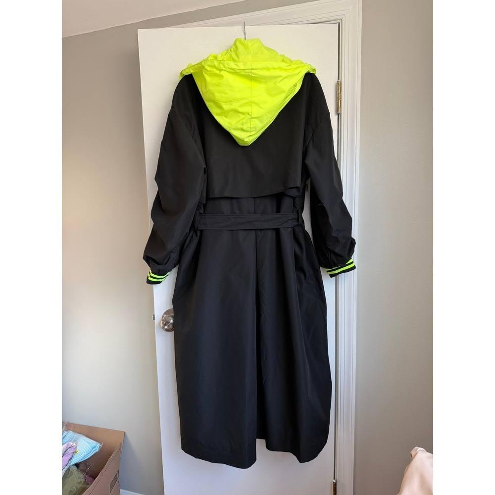 NWT UliA Black & Neon Yellow Hooded Trench Coat Belted Puff Sleeve, Size 1X-2X. - Picture 4 of 10
